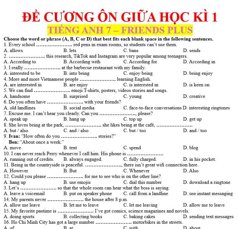 Đề ôn tập giữa kỳ 1 tiếng anh 7 Friend Plus - có đáp án